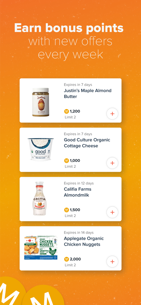 Merryfield app screen showing weekly bonus point offers for healthy brands like Califia Farms and Applegate