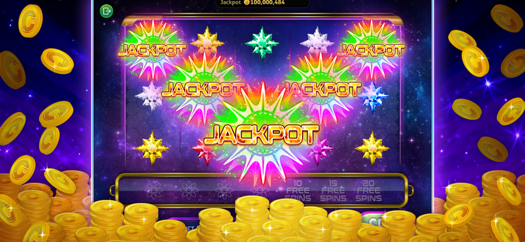 Casino World Slots & Rewards - Écran de machine à sous montrant plusieurs symboles de jackpot et des pièces d'or débordantes