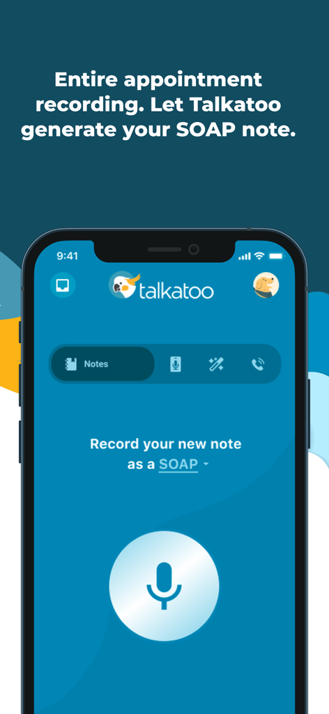 Talkatoo - Talkatoo mobile app interface showing a voice recording button for generating veterinary SOAP notes