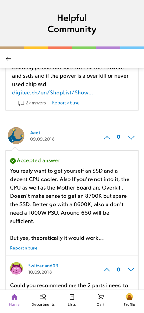 Galaxus – your online shop - 사용자 질문과 기술적 제품 답변이 포함된 유용한 커뮤니티 섹션을 보여주는 Galaxus 앱 인터페이스.