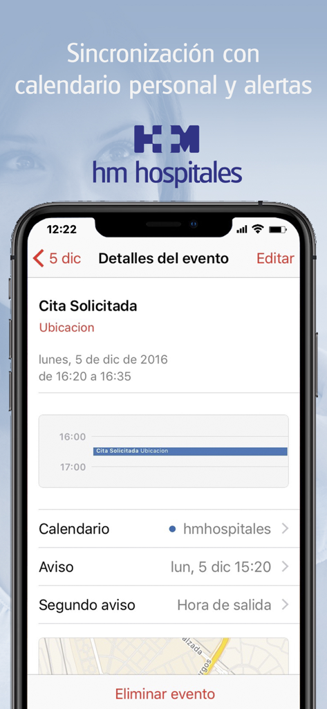 Interfaz de la app HM Hospitales que muestra detalles de citas y opciones de sincronización del calendario.