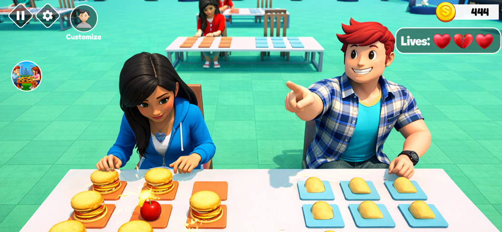Chi Pop Puzzle - Two characters playing a food themed matching puzzle level in Chi Pop Puzzle
