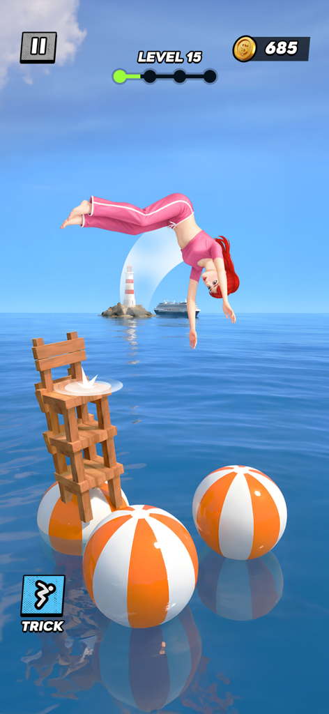 Backflip Mania - A character performing a backflip over the ocean toward wooden chairs in Backflip Mania.