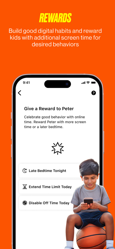 Boost Family Guard - Boost Family Guard app interface for giving rewards like extra screen time or a later bedtime to children.