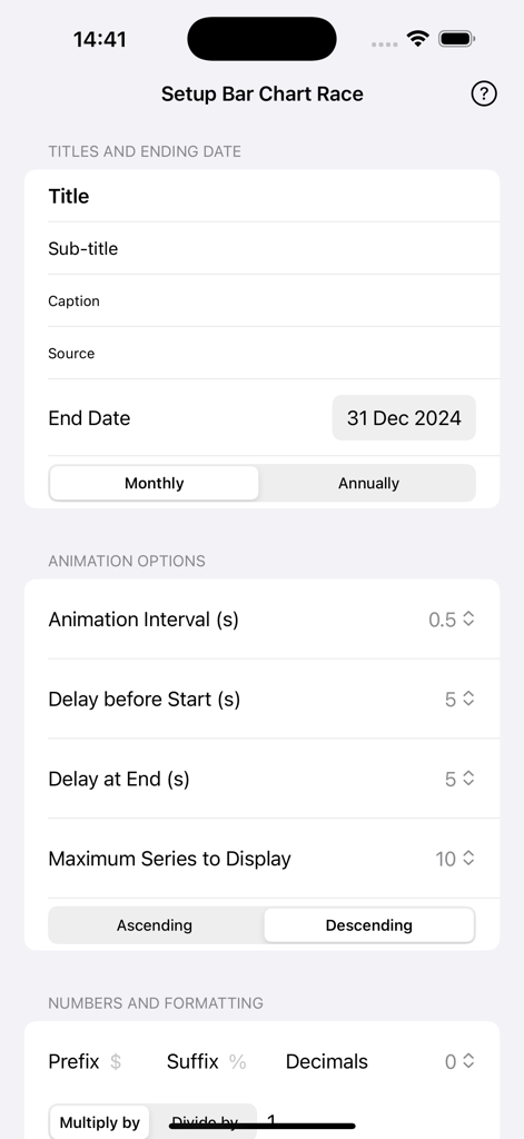 A interface de configuração do aplicativo Bar Chart Race mostrando opções de animação e formatação