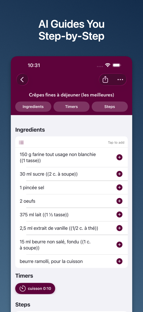 Weekly Chefs - Meal planner - Weekly Chefs app screen showing a crepe recipe with a detailed ingredient list and a cooking timer