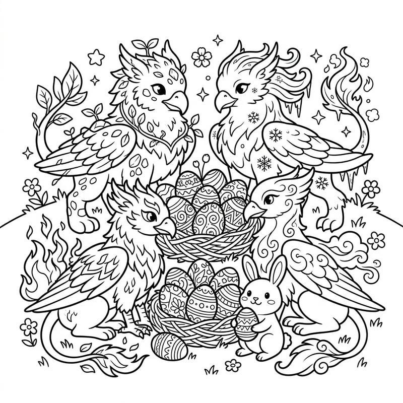 Discover a unique Easter celebration with our Elemental Griffins coloring page. This enchanting design features four mythical creatures, each representing an element, gathered around beautifully decorated Easter eggs and a sweet bunny, perfect for a magical holiday activity.
