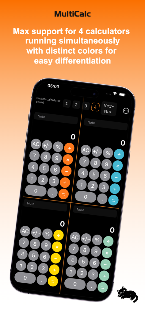 MultiCalc-Fun Calculations - MultiCalc app interface showing four calculators running simultaneously on one screen with distinct color themes