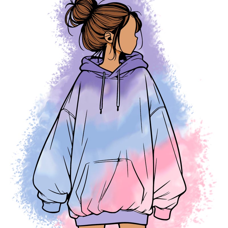 realistic girl with a oversized sweatshirt on and a bun