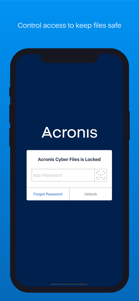 Acronis Cyber Files - Acronis Cyber Files app showing a secure lock screen with password entry and Face ID authentication option.