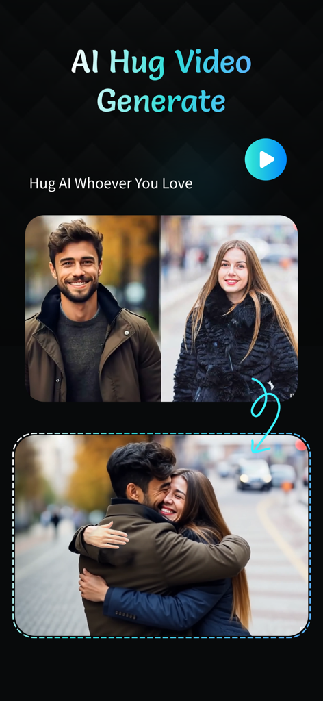 AI Kiss Video Maker : AI Hug - AI Kiss Video Maker app showing the AI hug generation process from two separate photos into one hugging video