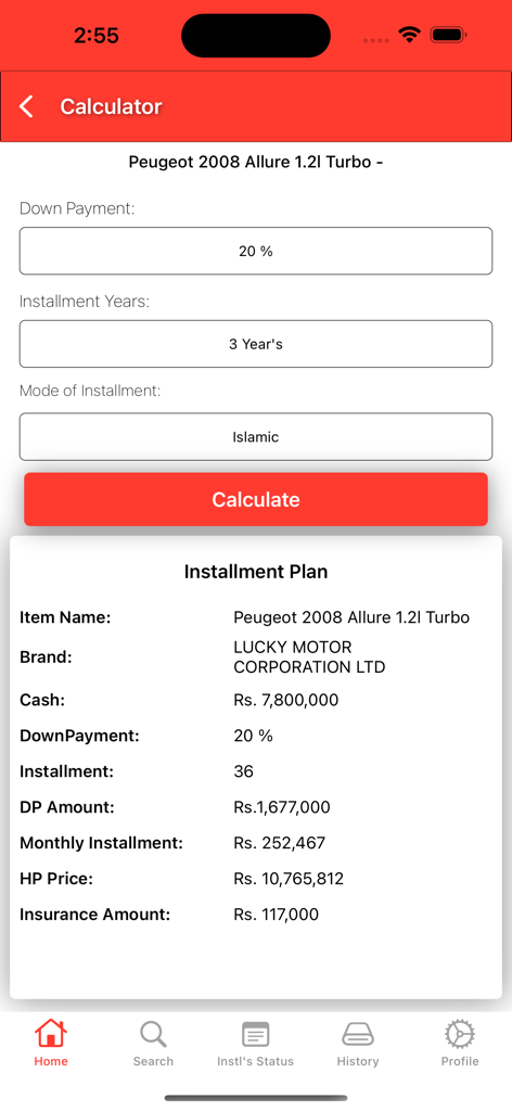 CSD HirePurchase app car installment calculator screen showing financing details for a Peugeot 2008