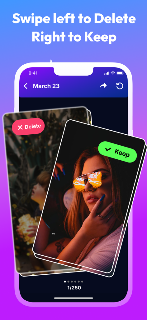 Swipe Cleaner: Clean Up Photos - Swipe Cleaner app interface showing the swipe left to delete and swipe right to keep photo management feature