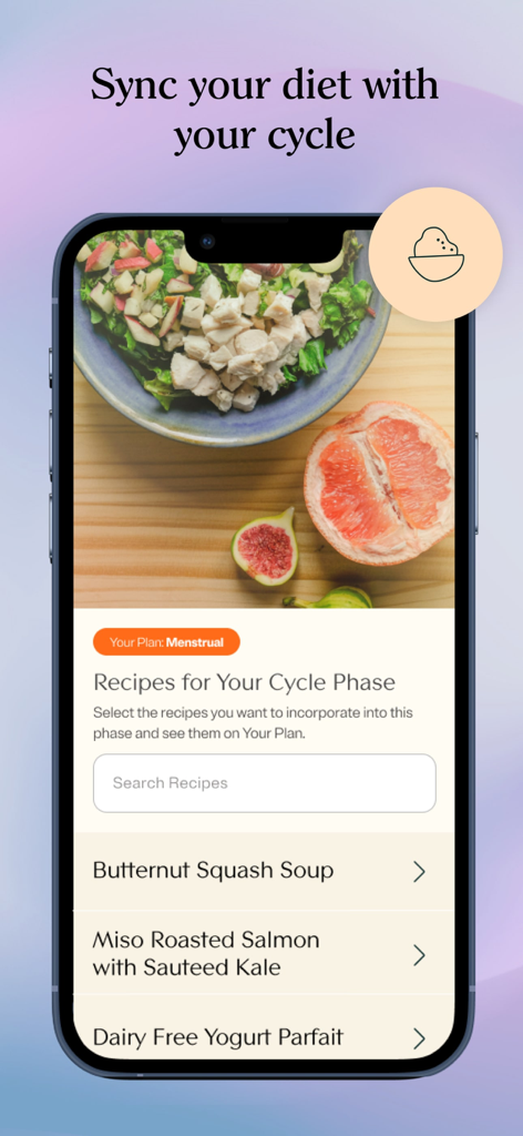 MyFlo® Period Tracker Calendar - Mobile app interface showing healthy recipe recommendations tailored to the menstrual phase of the cycle.