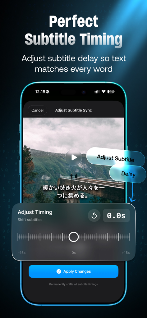 AutoSub - Video Translator - Interface of AutoSub app showing the adjust subtitle sync tool with a timing slider to align captions with video speech