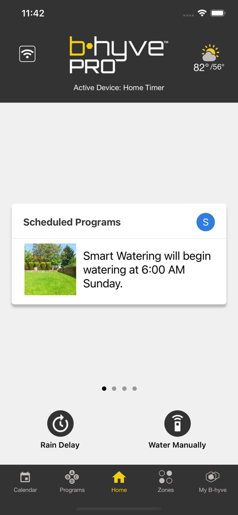 B-hyve Pro app interface showing scheduled smart watering for an irrigation system
