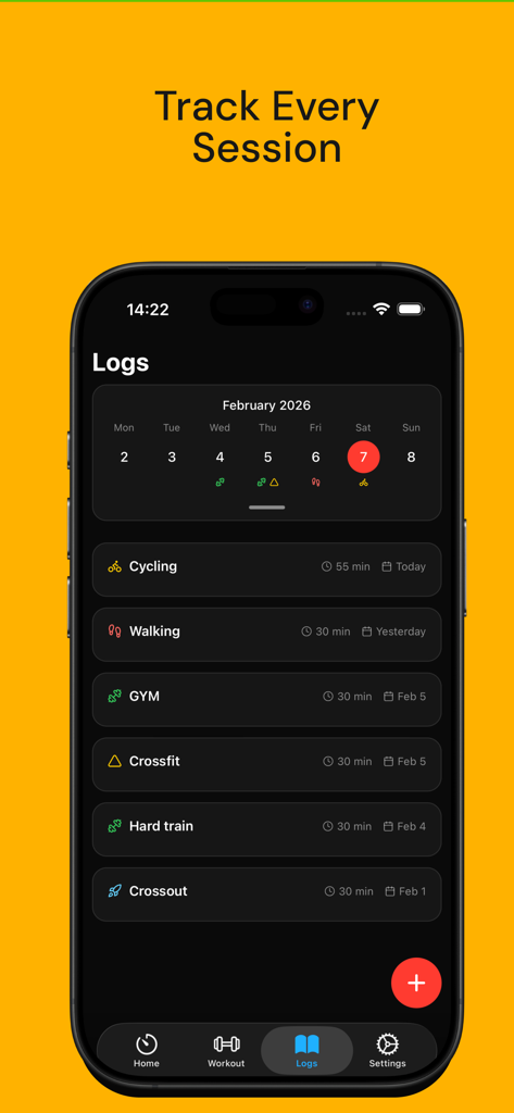 Der Bildschirm Trainingsprotokolle in der Qrep-App, der einen Monatskalender und eine detaillierte Liste abgeschlossener Trainingseinheiten zeigt.