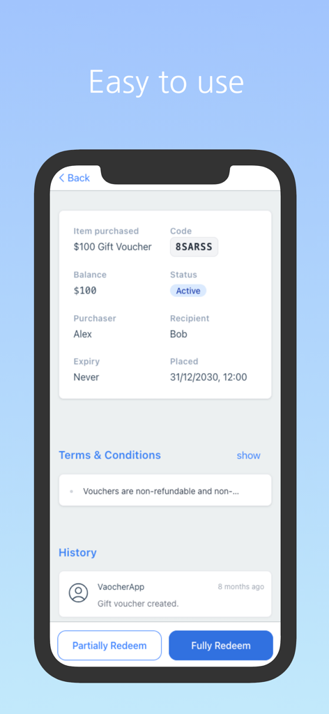 VaocherApp - Tela de detalhes do voucher de presente digital no VaocherApp mostrando rastreamento de saldo e botões de resgate