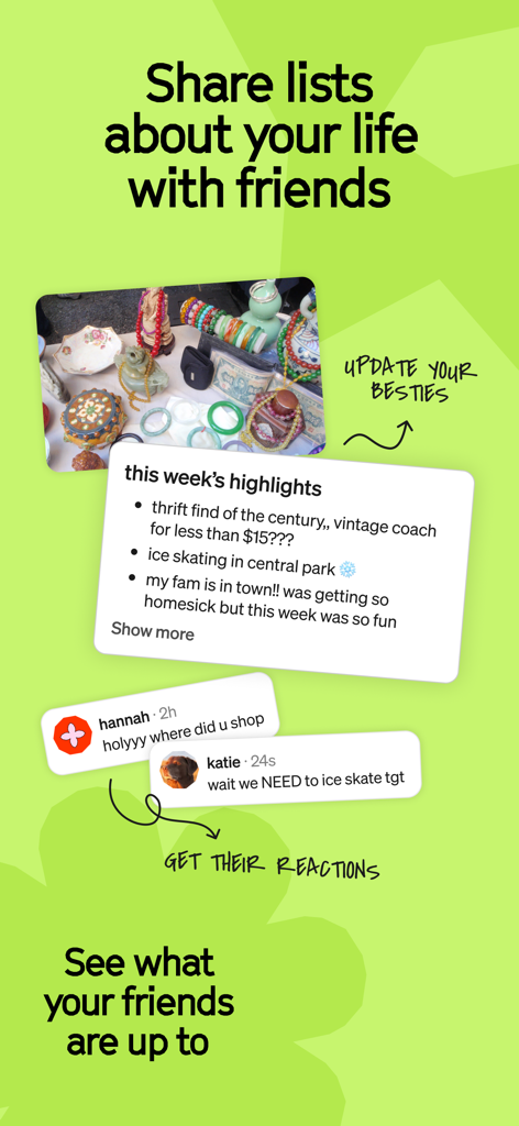 Example of sharing a weekly highlights list and getting friend reactions on Ditto