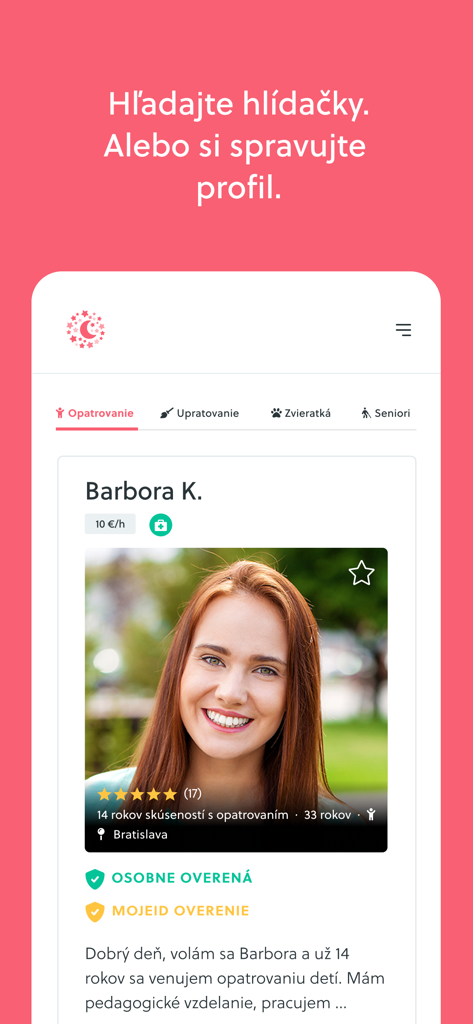 Hlidacky app interface showing a verified babysitter profile with user ratings and service categories like child care and cleaning