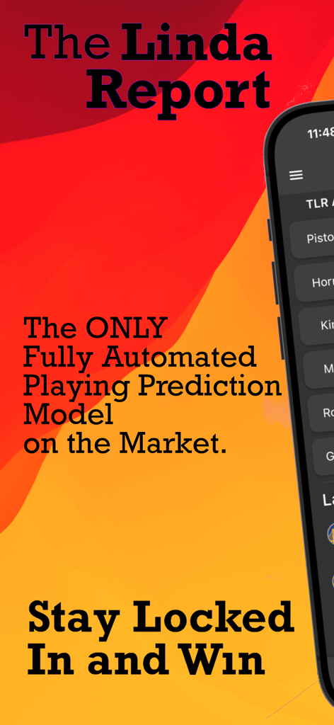 Promotional screen for The Linda Report app highlighting its automated sports playing prediction model