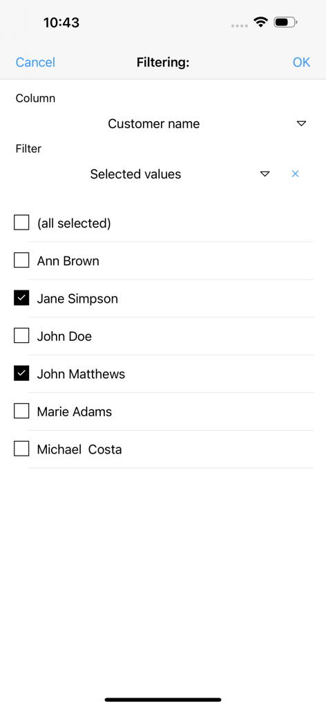 MobiDB Database - Interface de filtrage dans l'application MobiDB Database montrant une liste de noms de clients avec des cases à cocher de sélection