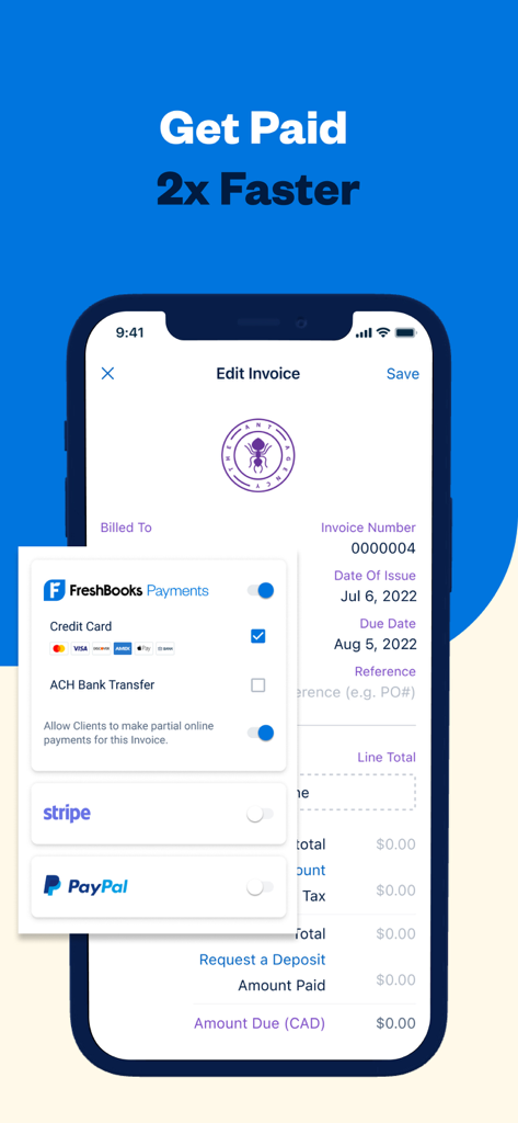 FreshBooks app interface showing online payment options like credit card and PayPal for faster invoice collection