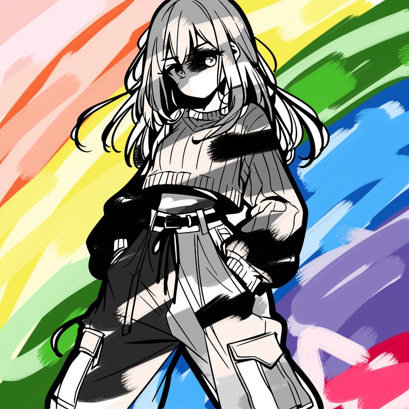 anime teen girl with baggy pants and crop top with sweater