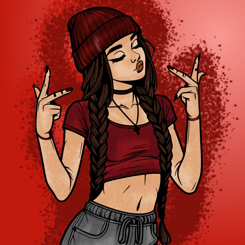 realistic teenage girl with braids and a beanie and crop top doing 🫶🏼