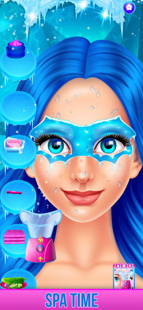 Ice Princess with a facial mask and spa tools in the Face Paint Salon app