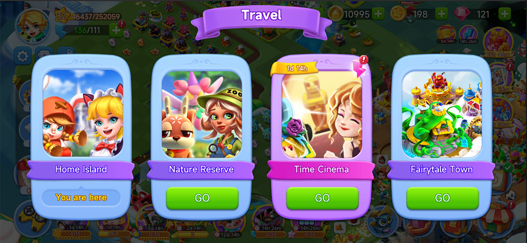 Merge Fairy Tales - Merge Game - A travel menu in the Merge Fairy Tales game featuring different island locations like Home Island and Fairytale Town