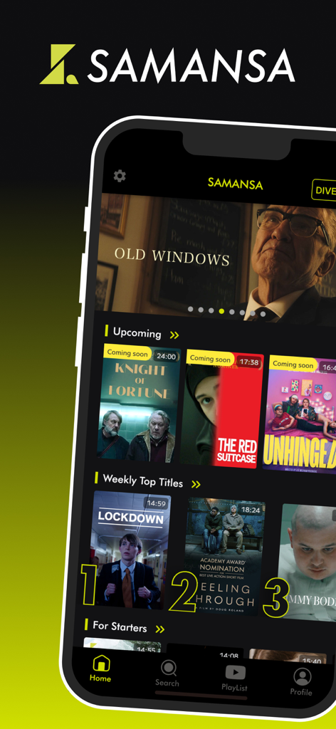 SAMANSA - Watch Short Films - SAMANSA mobile app interface showing a curated selection of award-winning short films.