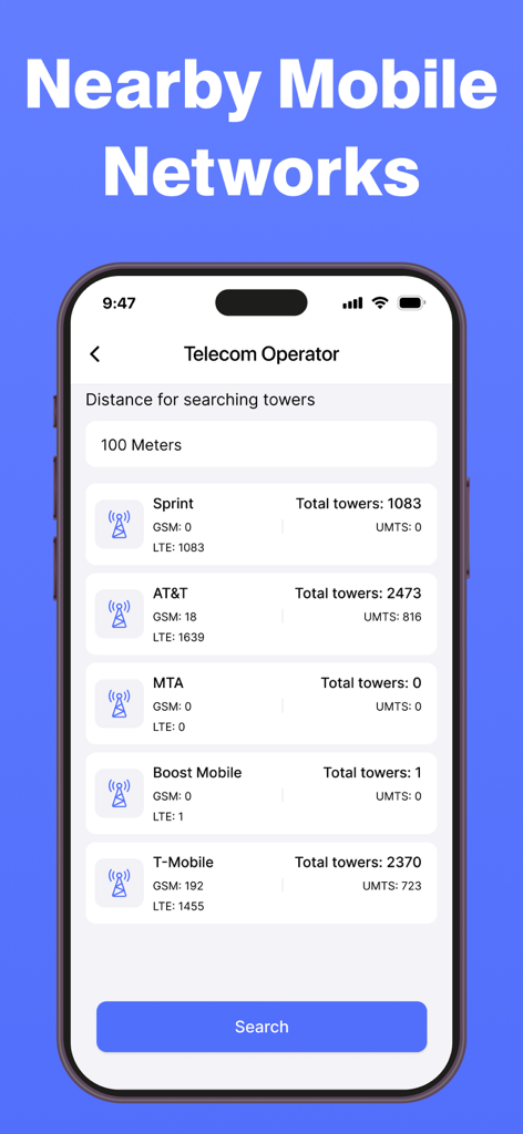 Cellular Tower & Signal Finder - Nearby mobile network operators and tower count list in the Cellular Tower app