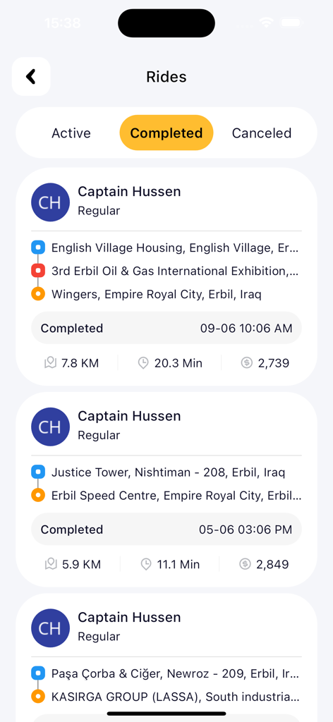 A list of completed rides in the Mr.Taxi app showing trip details and driver names.