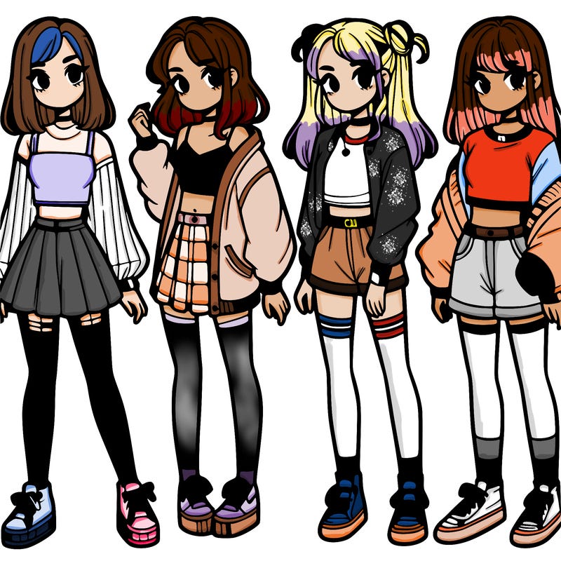 one girl with crop-top shirt and a jacket with a skirt, long socks and another girl with a shirt and pants with a jacket