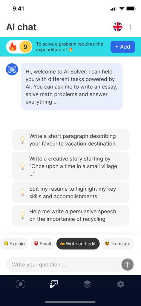 AI chat screen of the Answer AI app displaying writing and problem solving options