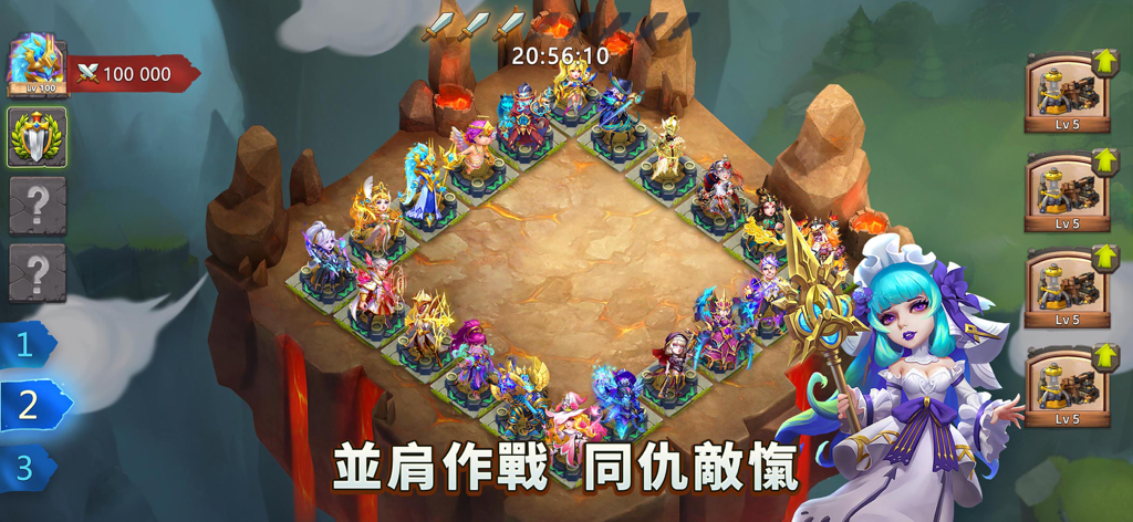 城堡爭霸：世界王者 - Isometric view of hero characters positioned on a battle grid in Castle Clash World Ruler
