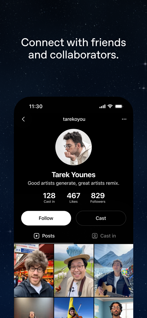 Sora app user profile screen showing creator stats and a grid of generated videos