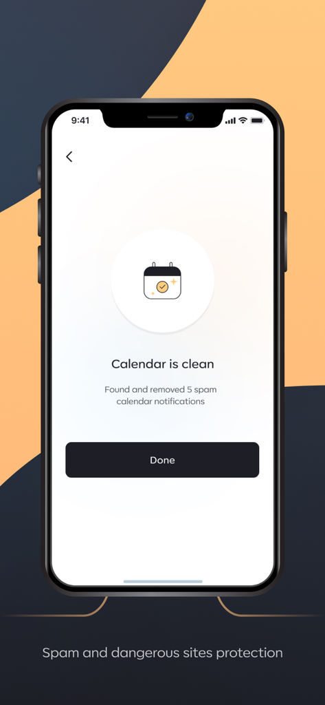Un écran de smartphone affichant l'interface de l'application Spherios Security après avoir supprimé avec succès cinq notifications de calendrier de spam avec le message Le calendrier est propre.