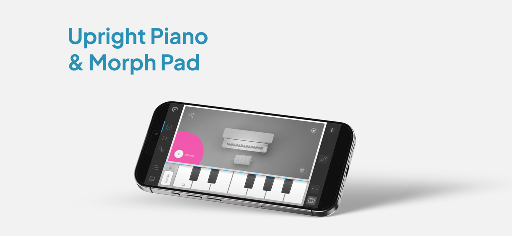 Pure Upright - Virtual Piano - Interfaccia dell'app pianoforte virtuale Pure Upright su uno smartphone che mostra il morph pad interattivo e il modello di pianoforte 3D