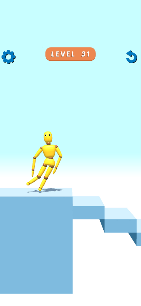 Ragdoll Games: Breaking Bones - Muñeco ragdoll amarillo de pie en una cornisa en el nivel 31 del juego de destrucción de física.