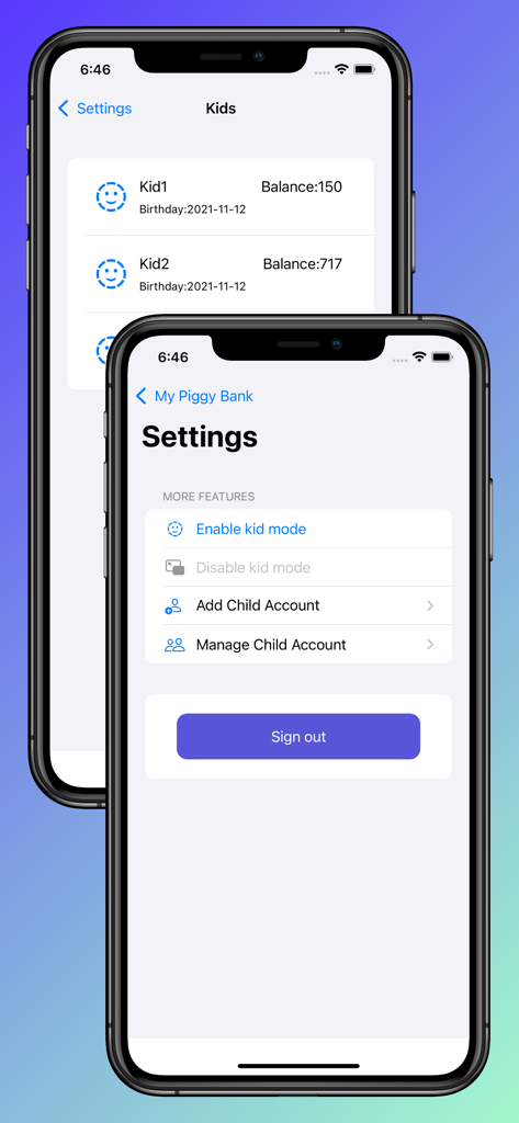 Family Piggy Bank - Interfaz de configuración parental y lista de ahorros infantiles para la aplicación Hucha Familiar