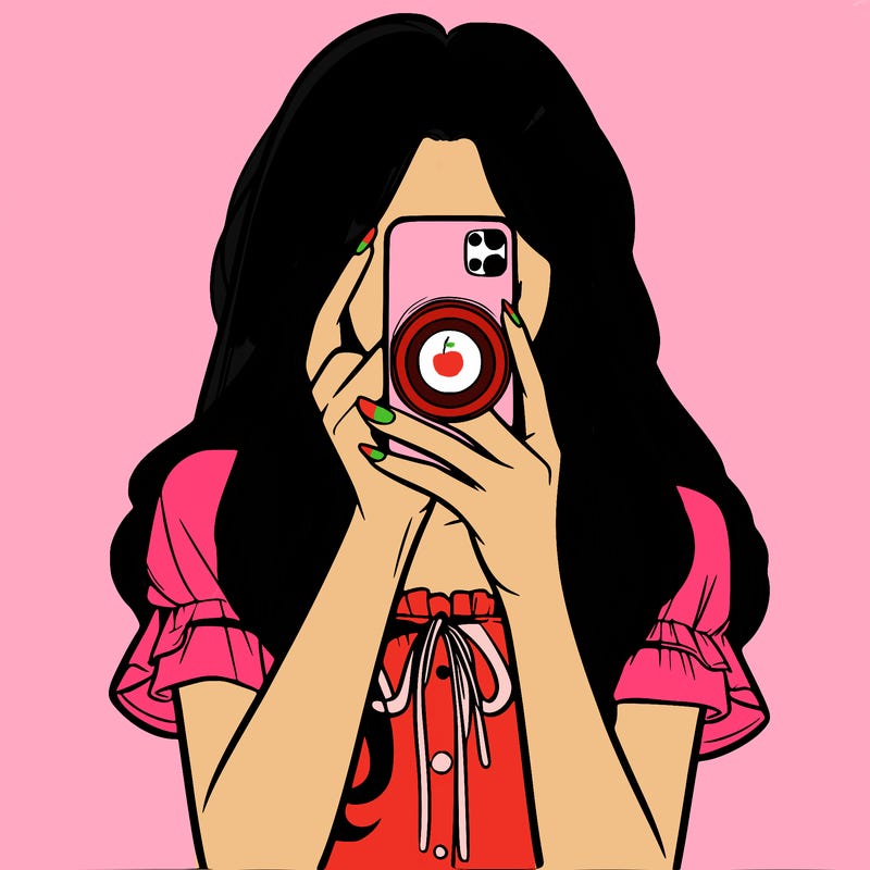 a realistic girl holding her phone taking pictures