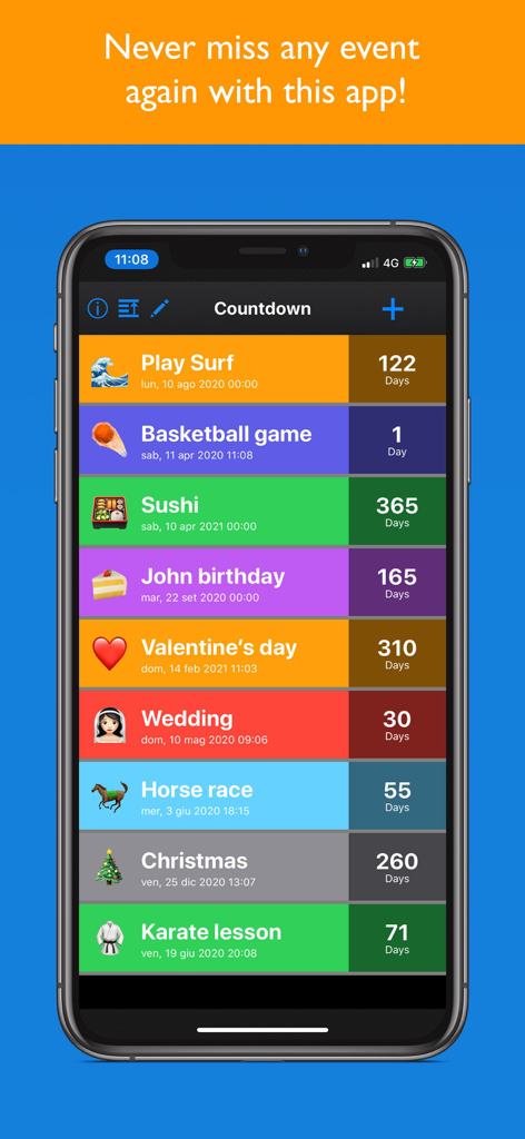Countdown - count down to - IPhone screen displaying the Countdown app with a list of colorful event timers including birthdays, weddings, and holidays.