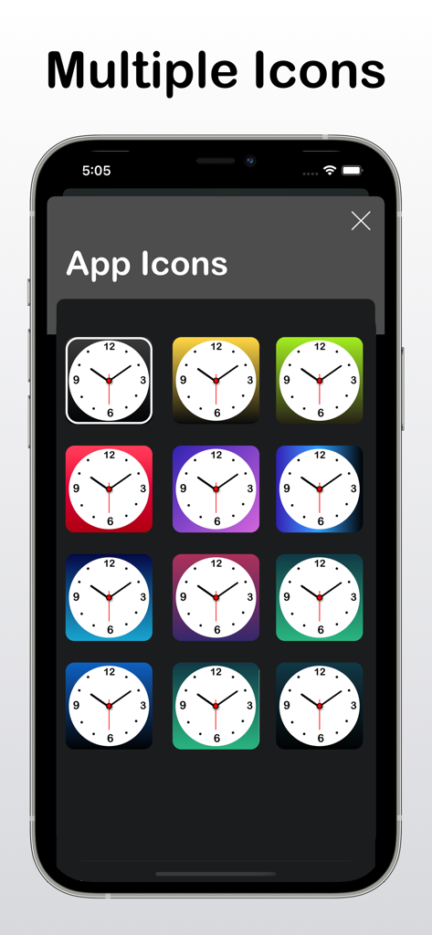 Analog Clock - Desk Widget - A variety of colorful analog clock app icons displayed on an iPhone screen.