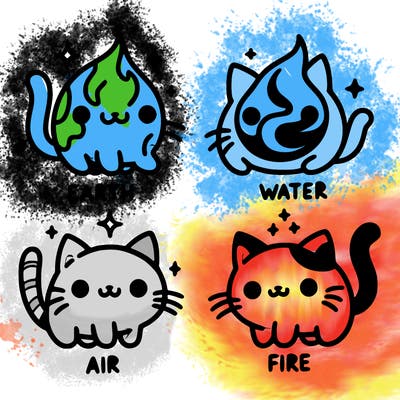 4 cats that represent the different elements, earth, water, air, and fire