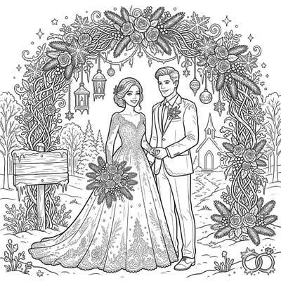 Step into a dreamy winter wonderland with this exquisite Hoarfrost Wedding coloring page. Featuring a romantic couple amidst delicate ice crystals and festive decorations, it promises a truly magical coloring experience.