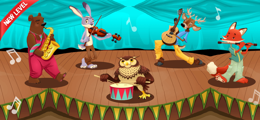 Musical Band! Play and Learn - A cartoon band of animals playing various musical instruments on a stage