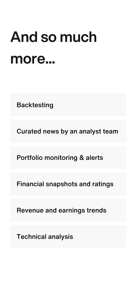 A list of additional features for the Bloom investing app including backtesting technical analysis and portfolio monitoring
