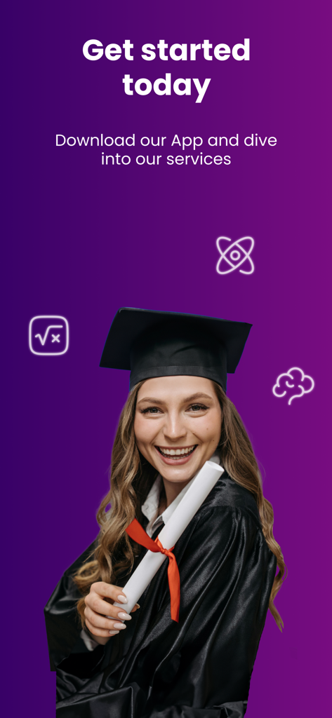 OEG - Find Expert Tutors - A smiling student in a graduation cap and gown holding a diploma on a purple background with educational icons
